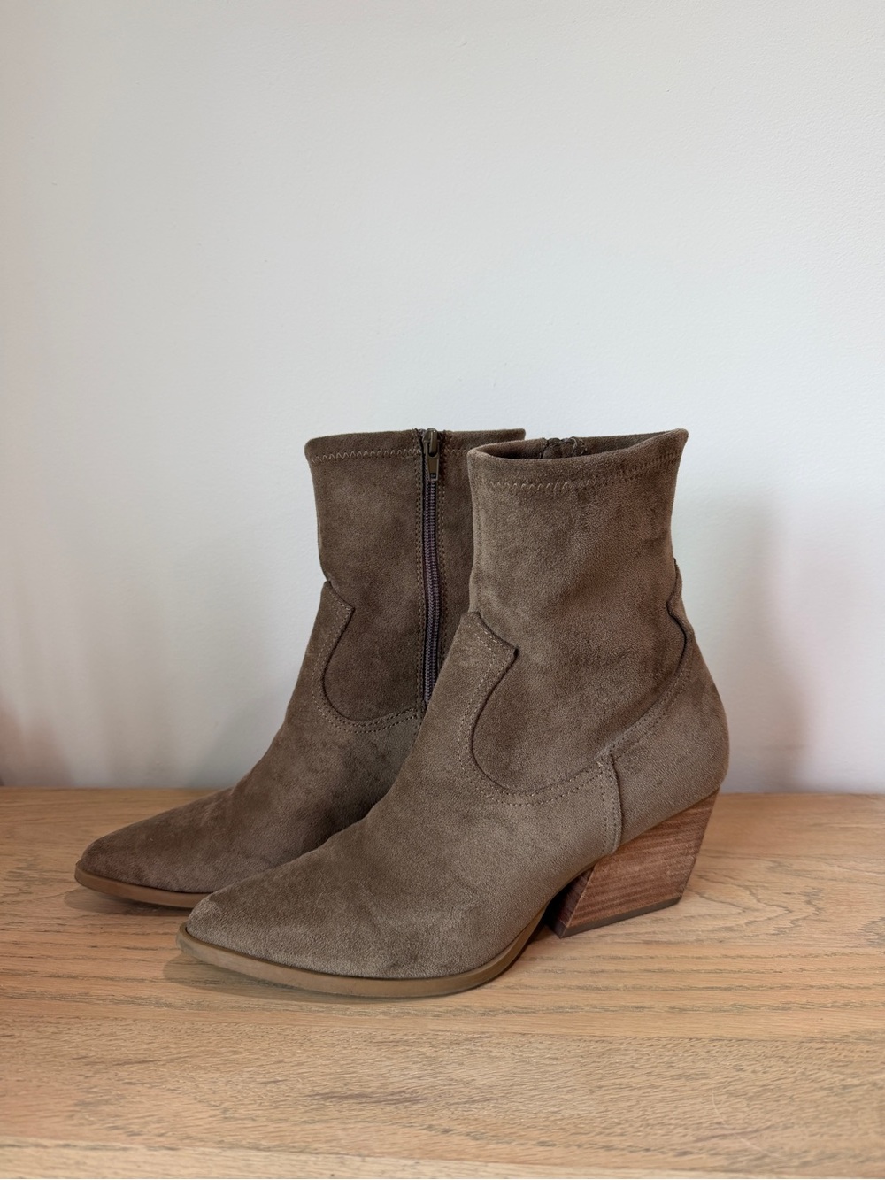 Dolce Vita Taupe Suede Ankle Boots with Stacked Heel